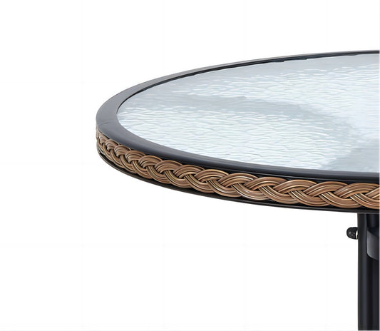 BTExpert IndoorOutdoor 28" Round Glass Metal Table Brown Rattan Trim + 4 Brown Rattan Chairs