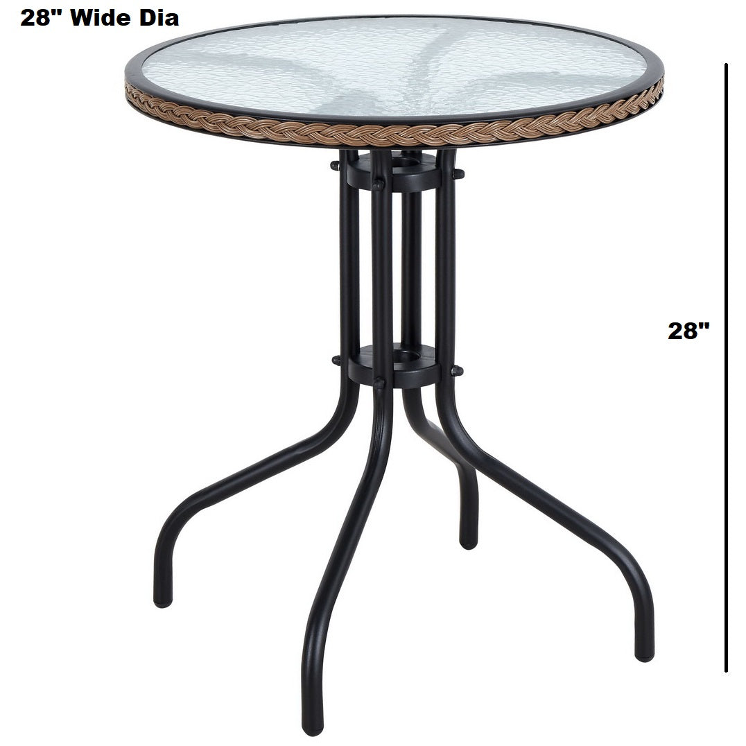 BTExpert 28" Round Glass Table w/ Brown Rattan Trim + 4 Black Metal Slat Chairs, Indoor Outdoor Lightweight