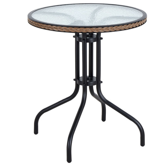 BTExpert Indoor Outdoor 28" Round Tempered Glass Metal Restaurant Table Brown Rattan Trim