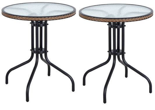 BTExpert Indoor Outdoor 28" Round Tempered Glass Metal Restaurant Table Brown Rattan Trim - Set of 2