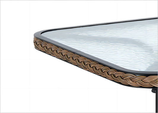 BTExpert Indoor Outdoor 28" Square Glass Metal Table w/ Brown Rattan + 3 Brown Sling Stack Chairs