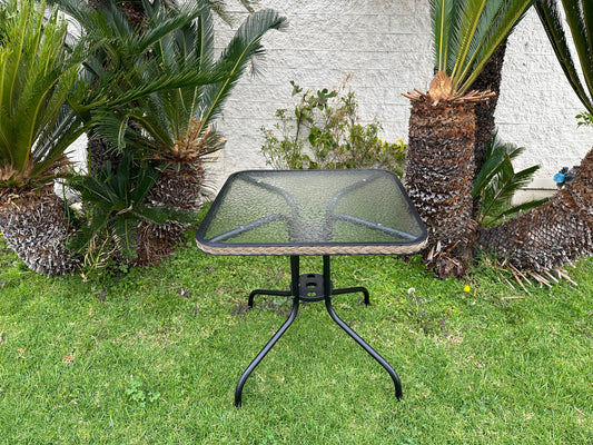 BTExpert Indoor Outdoor 28" Square Glass Metal Table Brown Rattan Trim + 4 Brown Rattan Stack Chairs