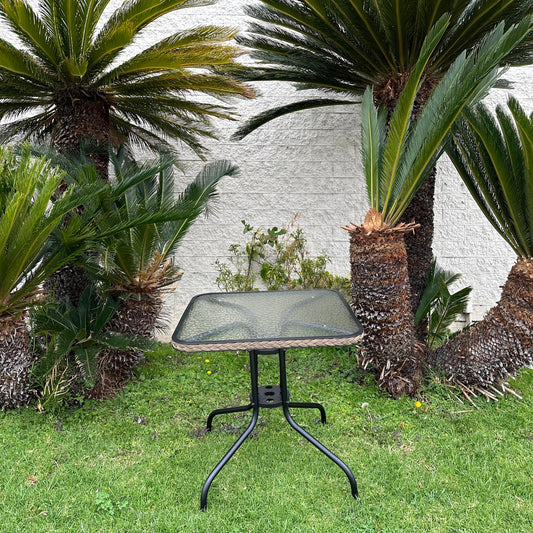 BTExpert Indoor Outdoor 28" Square Tempered Glass Metal Restaurant Table Brown Rattan Trim - Set of 2