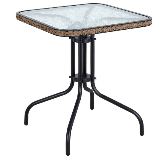 BTExpert IndoorOutdoor 28" Square Glass Metal Table Gray Rattan Trim + 3 Gray Rattan Stack Chairs