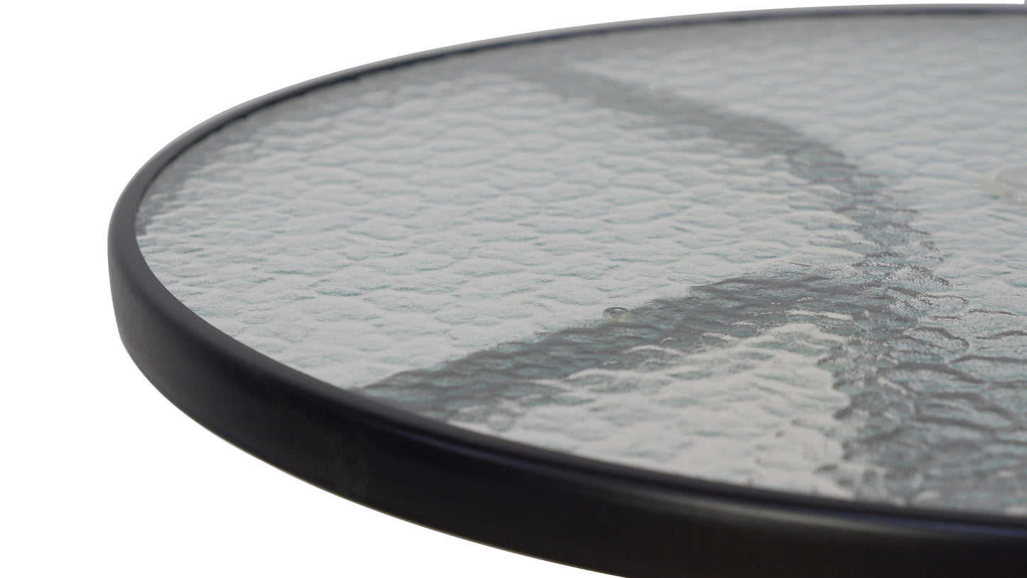 BTExpert Indoor Outdoor 23.75" Round Tempered Glass Table Black + 2 Black Metal Slat Stack Lightweight Chairs