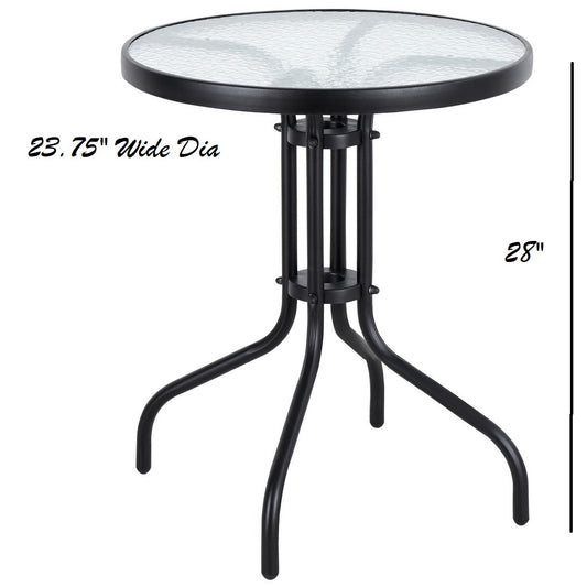 BTExpert 23.75" Round Glass Metal Table + 4 Brown Sling Stack Chairs, Indoor Outdoor Commercial Lightweight