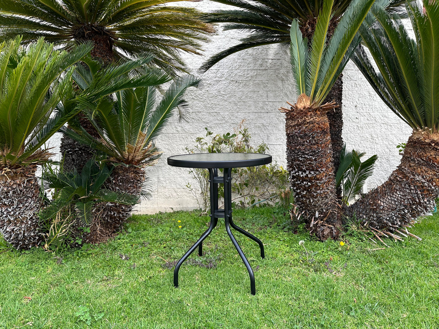 BTExpert Indoor Outdoor 23.75" Round Tempered Glass Metal Restaurant Table Black
