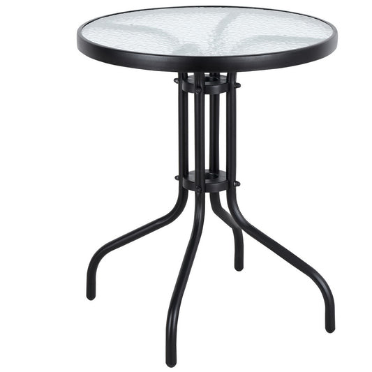 BTExpert Indoor Outdoor 23.75" Round Tempered Glass Metal Table + 2 Gray Flexible Sling Stack Chairs