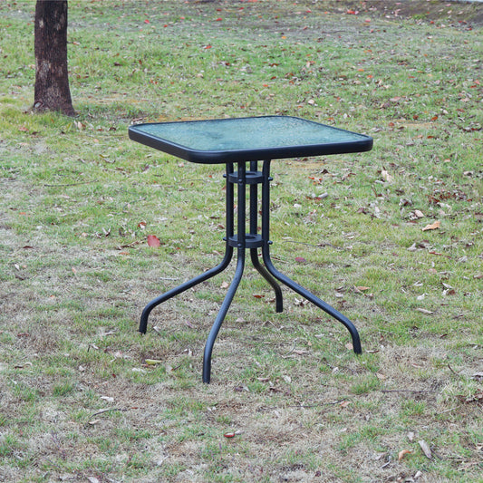 BTExpert 23.75" Square Black Glass Table + 2 Black Metal Slat Chairs, Indoor Outdoor, Lightweight
