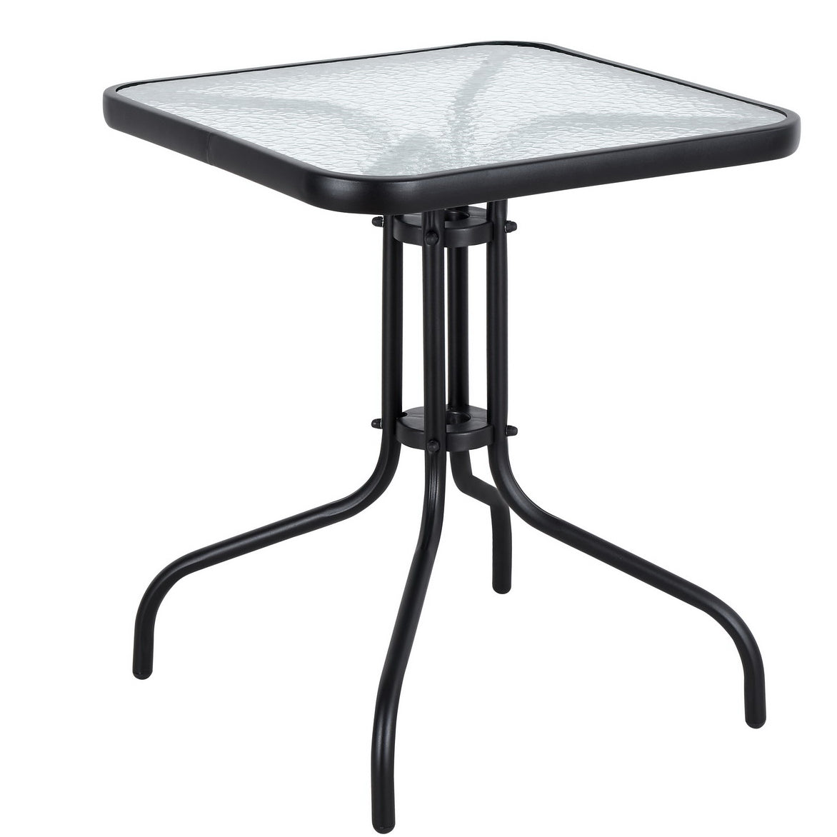 BTExpert Indoor Outdoor 23.75" Square Tempered Glass Metal Table + 3 Brown Flexible Sling Stack Chairs