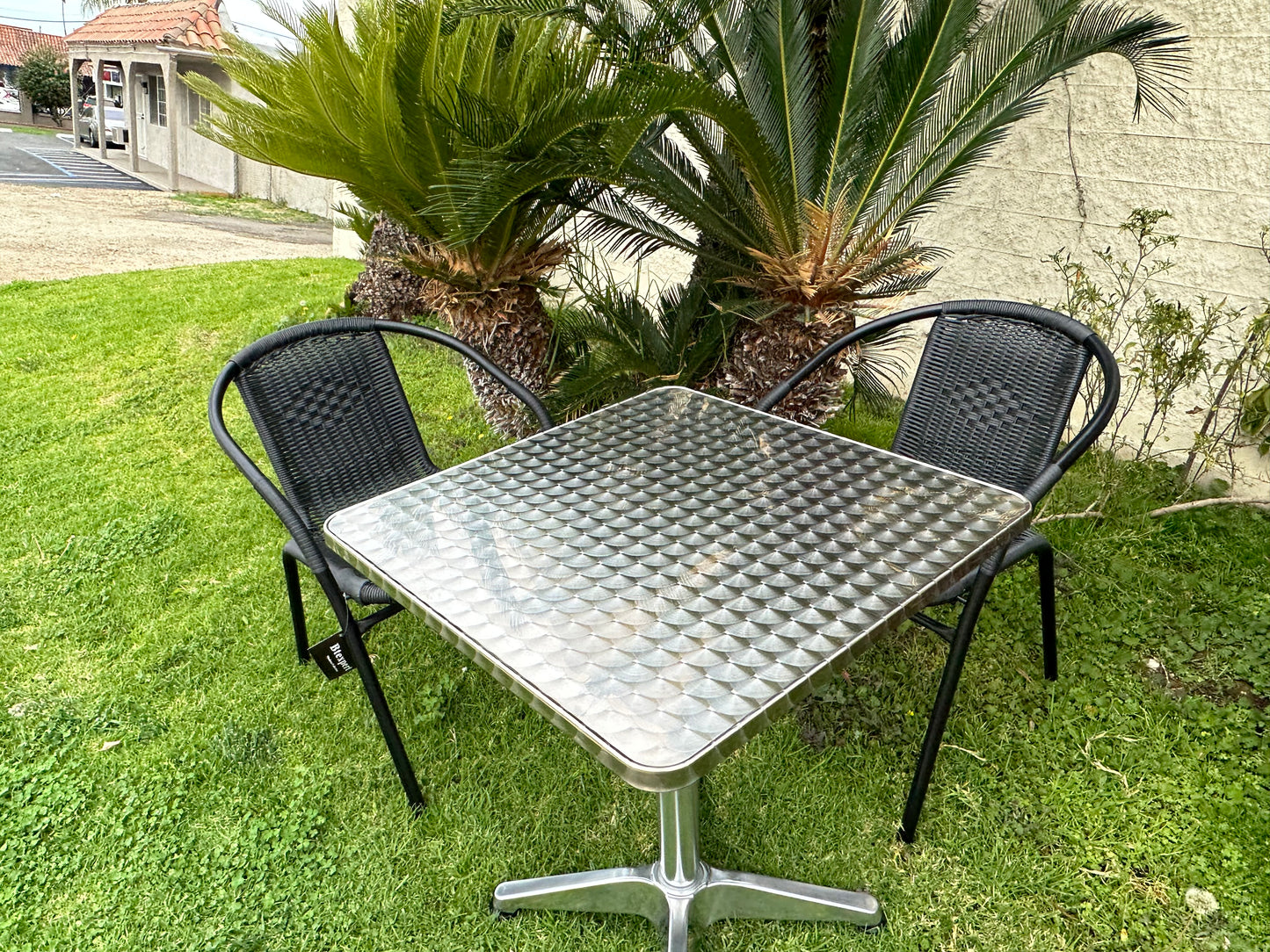 BTExpert 23.75" Square Restaurant Table Steel Silver Aluminum + 2 Black Rattan Chairs Indoor Outdoor Commercial Lightweight