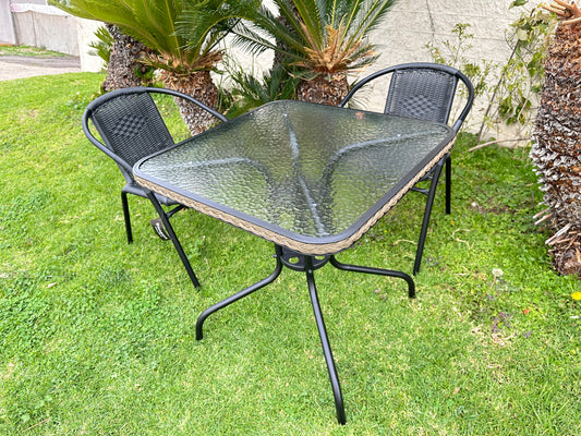 BTExpert Indoor Outdoor 28" Square Glass Metal Table Black Rattan Trim + 2 Black Rattan Stack Chairs