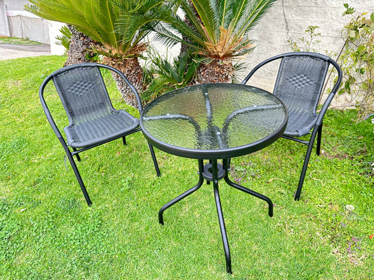BTExpert Indoor Outdoor 23.75" Round Glass Metal Table + 2 Black Rattan Stack Chairs