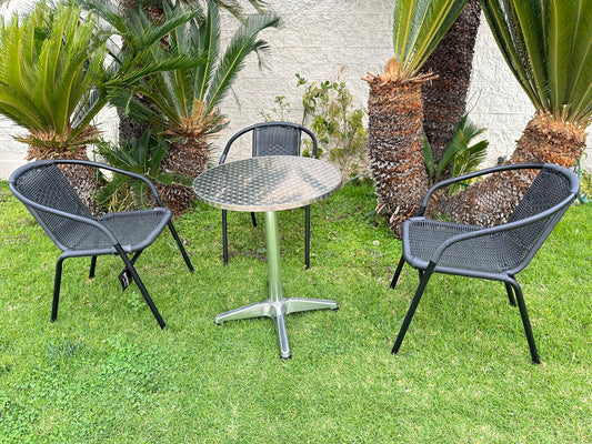 BTExpert 23.75" RoundTable Stainless Steel Silver Aluminum + 3 Black Rattan Stack Chairs