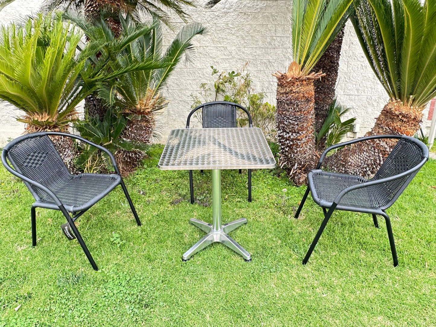 BTExpert 23.75" Square Silver Table + 3 Black Rattan Stack Chairs, Indoor/Outdoor Commercial Lightweight Set