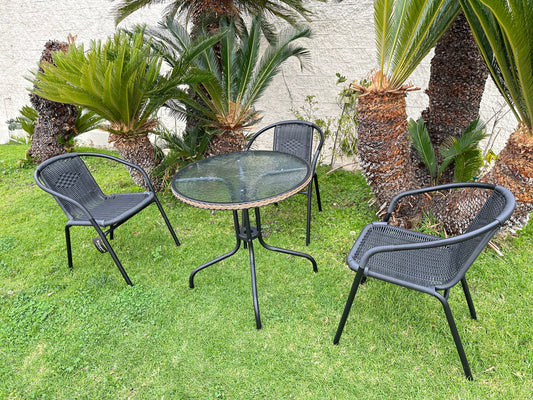 BTExpert Indoor Outdoor 28" Round Glass Metal Table Black Rattan Trim + 3 Black Rattan Stack Chairs
