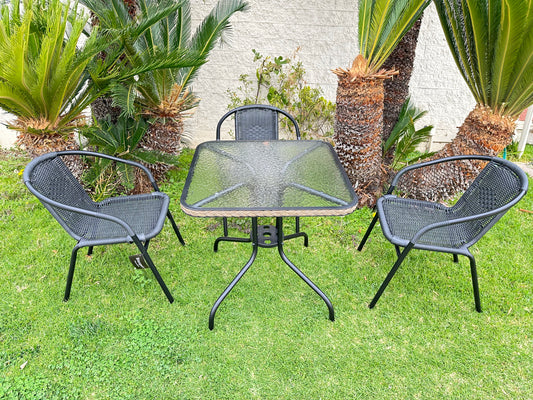 BTExpert Indoor Outdoor 28" Square Glass Metal Table Black Rattan Trim + 3 Black Rattan Stack Chairs