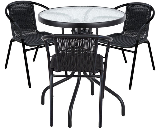 BTExpert Indoor Outdoor 23.75" Round Glass Metal Table + 3 Black Rattan Stack Chairs