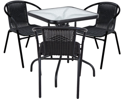 BTExpert Indoor Outdoor 23.75" Square Glass Metal Table + 3 Black Rattan Stack Chairs