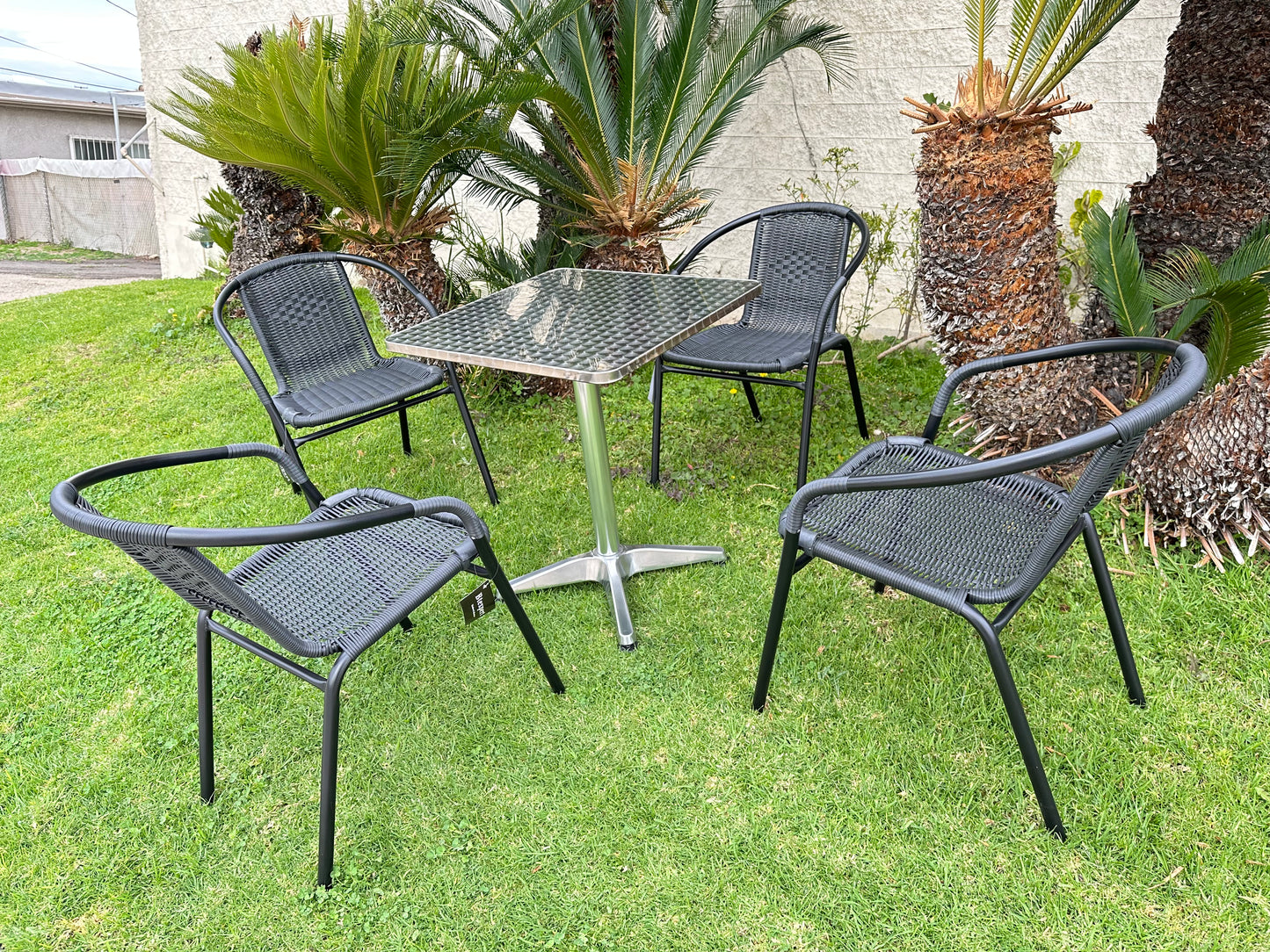 BTExpert 23.75" Square Indoor Outdoor Table, Silver Steel + 4 Black Rattan Stackable Chairs, Lightweight Commercial Set