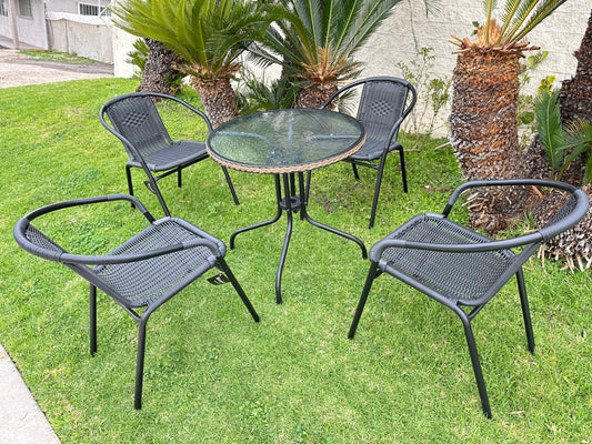 BTExpert Indoor Outdoor 28" Round Glass Metal Table Black Rattan Trim + 4 Black Rattan Stack Chairs
