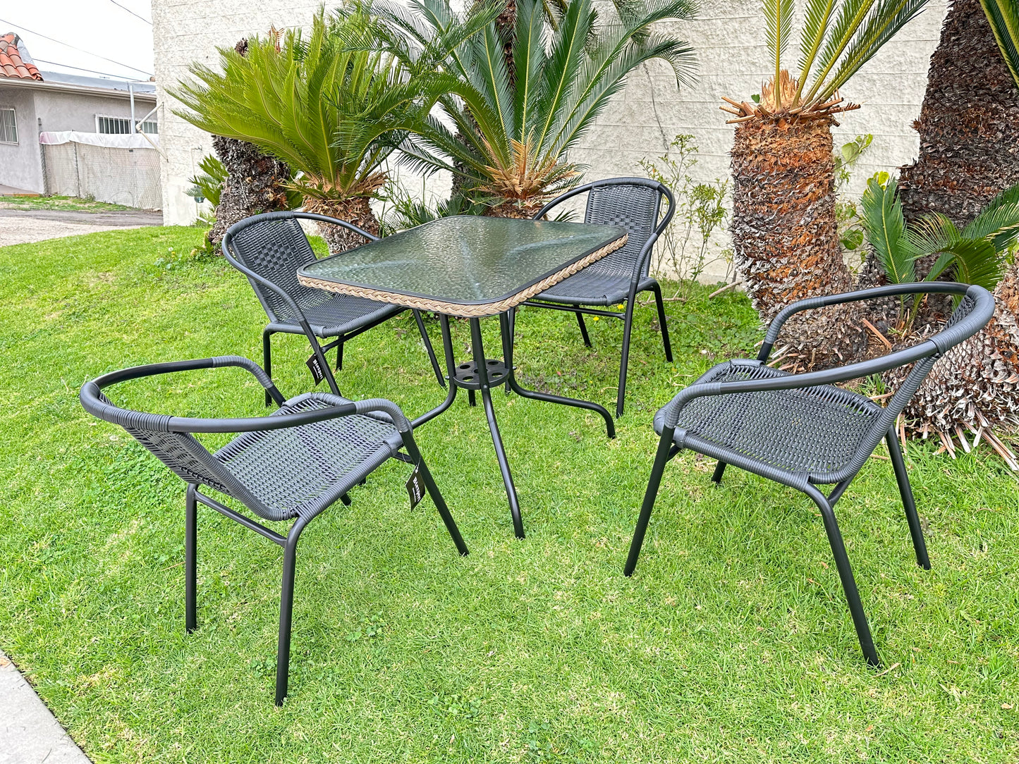 BTExpert Indoor Outdoor 28" Square Glass Metal Table Black Rattan Trim + 4 Black Rattan Stack Chairs
