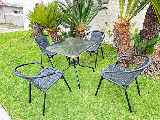 BTExpert Indoor Outdoor 28" Square Glass Metal Table Black Rattan Trim + 4 Black Rattan Stack Chairs