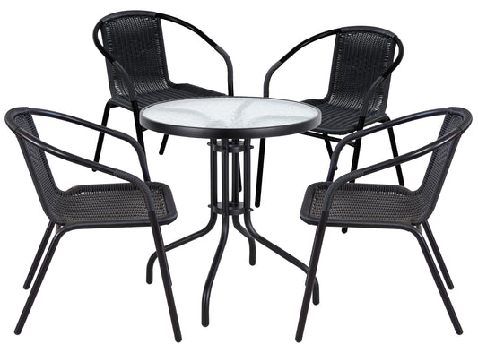 BTExpert 23.75" Round Glass Metal Table + 4 Black Rattan Chairs, Indoor Outdoor Commercial Lightweight
