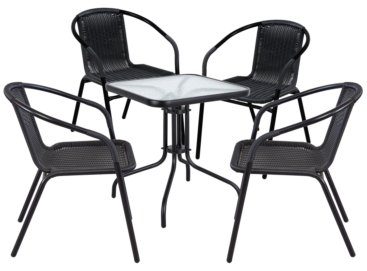 BTExpert 23.75" Square Glass Metal Table + 4 Black Rattan Stack Chairs, Indoor Outdoor Commercial Lightweight