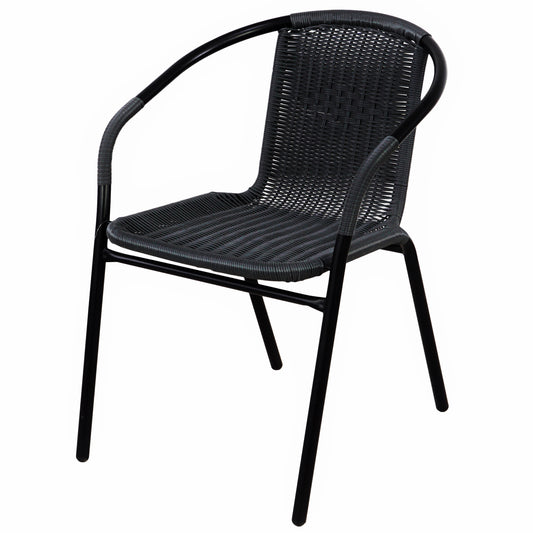 BTExpert Indoor Outdoor 28" Square Glass Metal Table Black Rattan Trim + 4 Black Rattan Stack Chairs