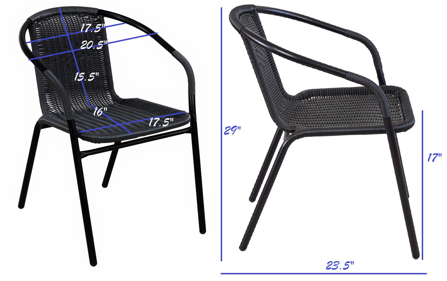 BTExpert Indoor Outdoor 28" Square Glass Metal Table Black Rattan Trim + 4 Black Rattan Stack Chairs
