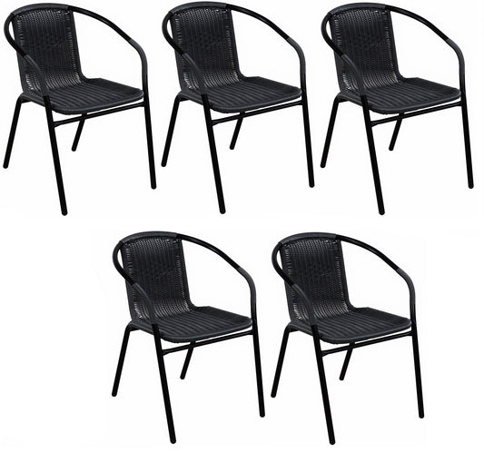 BTExpert Indoor Outdoor Black Restaurant Rattan Stack Chairs - Set of 5