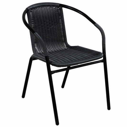 BTExpert 23.75" Square Glass Metal Table + 4 Black Rattan Stack Chairs, Indoor Outdoor Commercial Lightweight