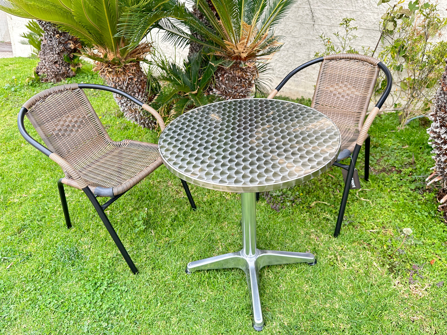 BTExpert Indoor Outdoor 23.75" Round Table Stainless Steel Silver Aluminum + 2 Brown Stack Chairs