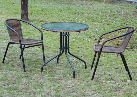 BTExpert Indoor Outdoor 28" Round Glass Metal Table Brown Rattan Trim + 2 Brown Rattan Stack Chairs