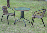 BTExpert Indoor Outdoor 28" Round Glass Metal Table Brown Rattan Trim + 2 Brown Rattan Stack Chairs
