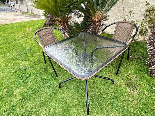 BTExpert Indoor Outdoor 28" Square Glass Metal Table Brown Rattan Trim + 2 Brown Rattan Stack Chairs