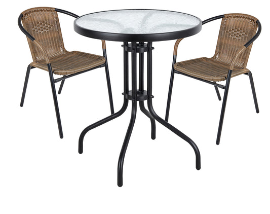 BTExpert Indoor Outdoor 23.75" Round Glass Metal Table + 2 Brown Rattan Stack Chairs