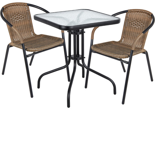 TExpert Indoor Outdoor 23.75" Square Glass Metal Table + 2 Brown Rattan Stack Chairs
