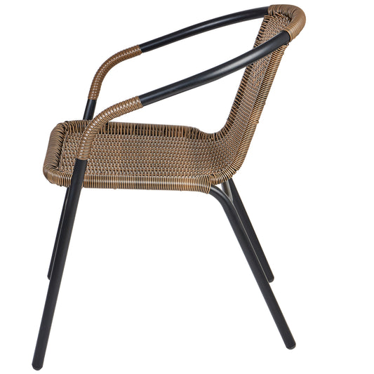 BTExpert Indoor Outdoor 28" Square Glass Metal Table Brown Rattan Trim + 3 Brown Rattan Stack Chairs