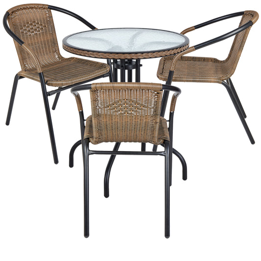 BTExpert Indoor Outdoor 28" Round Glass Metal Table Brown Rattan Trim + 3 Brown Rattan Stack Chairs