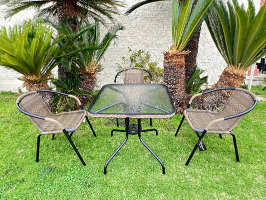 BTExpert Indoor Outdoor 28" Square Glass Metal Table Brown Rattan Trim + 3 Brown Rattan Stack Chairs