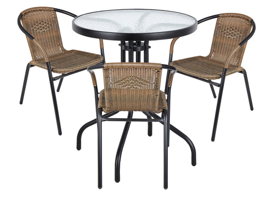 BTExpert Indoor Outdoor 23.75" Round Glass Metal Table + 3 Brown Rattan Stack Chairs