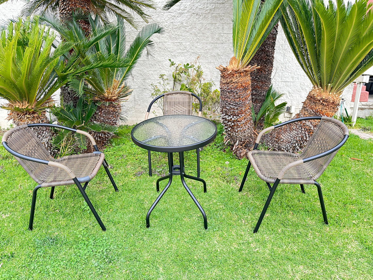 BTExpert Indoor Outdoor 23.75" Round Glass Metal Table + 3 Brown Rattan Stack Chairs