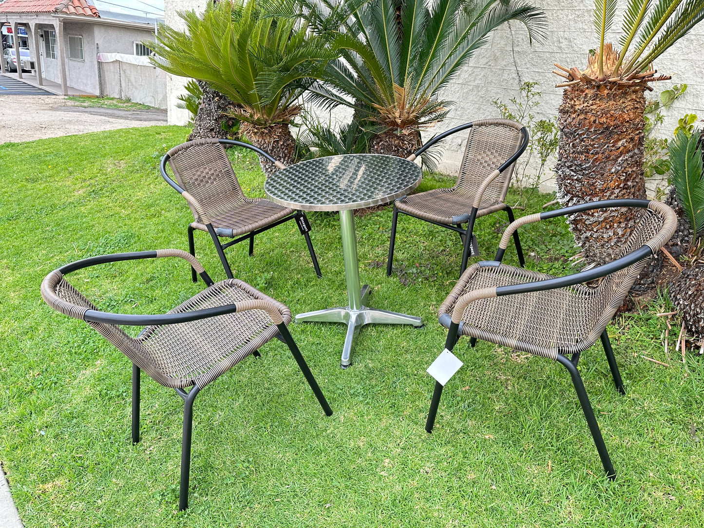 BTExpert 23.75" Round Indoor Outdoor Steel Table + 4 Brown Rattan Stack Chairs Commercial Lightweight