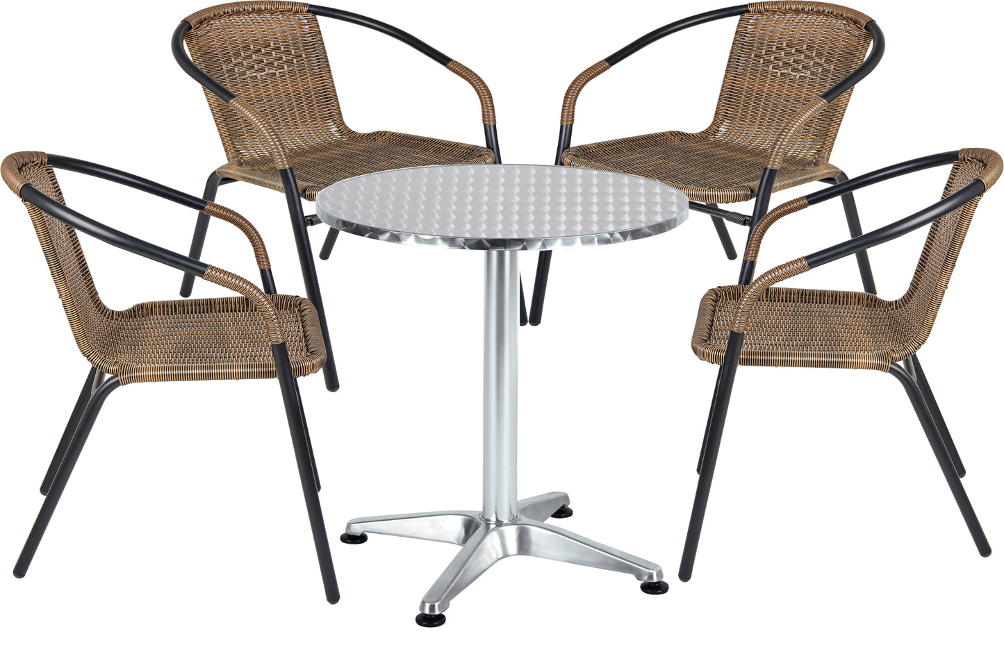 BTExpert 23.75" Round Indoor Outdoor Steel Table + 4 Brown Rattan Stack Chairs Commercial Lightweight