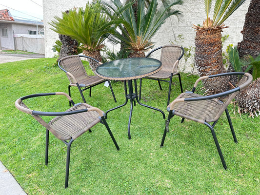 BTExpert IndoorOutdoor 28" Round Glass Metal Table Brown Rattan Trim + 4 Brown Rattan Chairs
