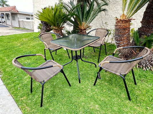 BTExpert Indoor Outdoor 28" Square Glass Metal Table Brown Rattan Trim + 4 Brown Rattan Stack Chairs