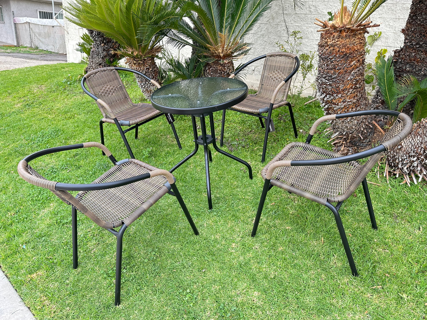 BTExpert 23.75" Round Glass Metal Table + 4 Brown Rattan Chairs, Indoor Outdoor Commercial Lightweight