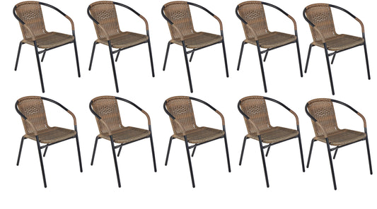 BTExpert Indoor Outdoor Brown Restaurant Rattan Stack Chairs - Set of 10
